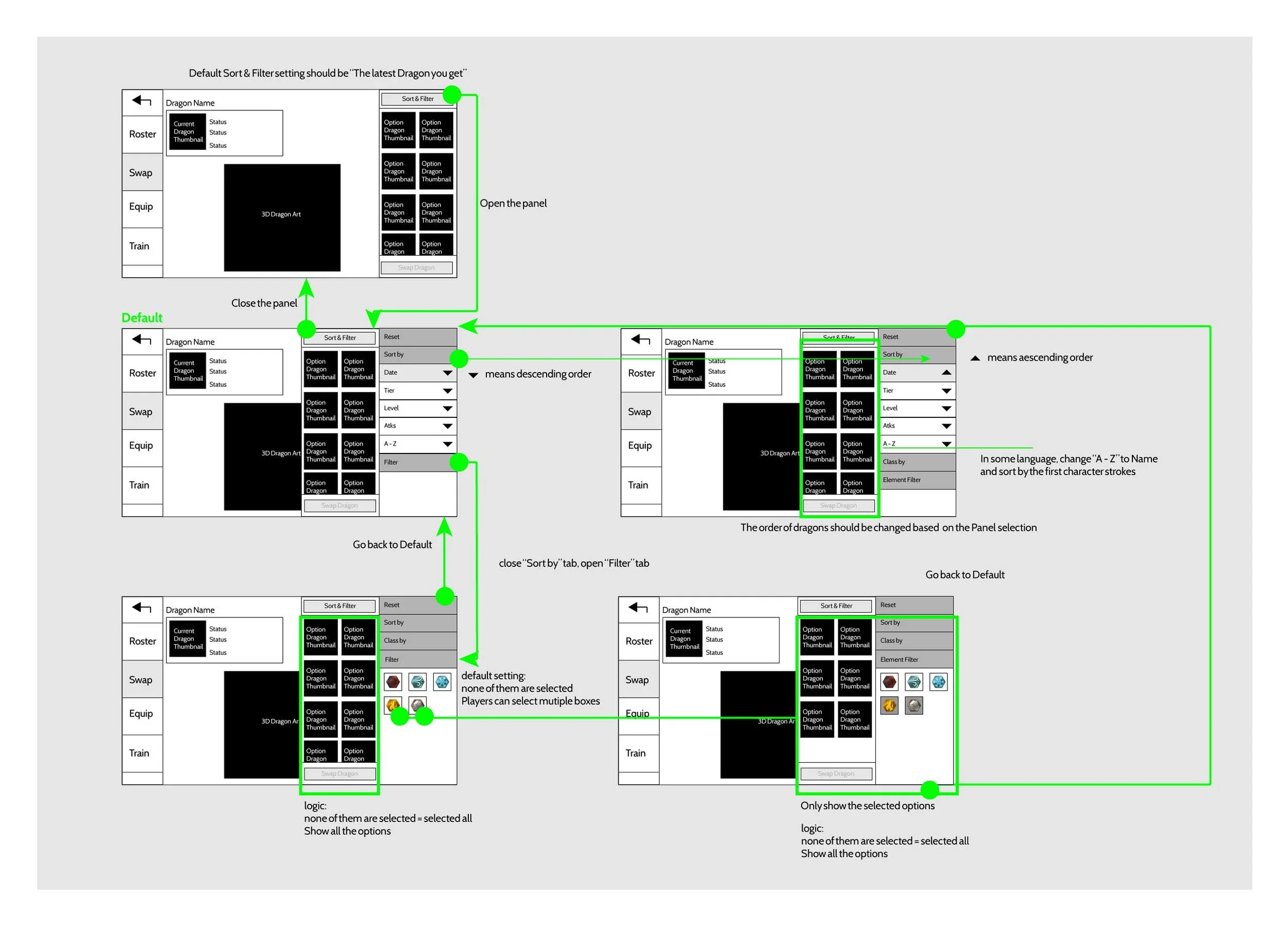 Roster filter wireframe flow